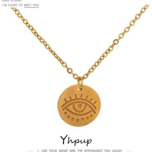 Yhpup Trendy Round Eye Gold Pendant Necklace Simple Stainless Steel Metal Jewelry Statement Chain Necklace for Women Gift New