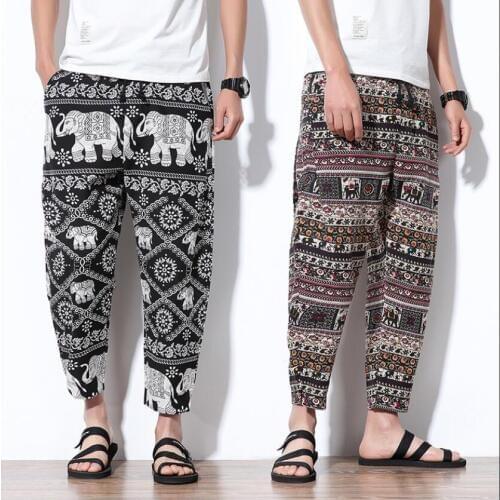 M-5xl New Plus Size Men Clothing Loose Printing Wide Leg Pants National Wind Cotton Linen Pants Casual Nine Points Flower Pants