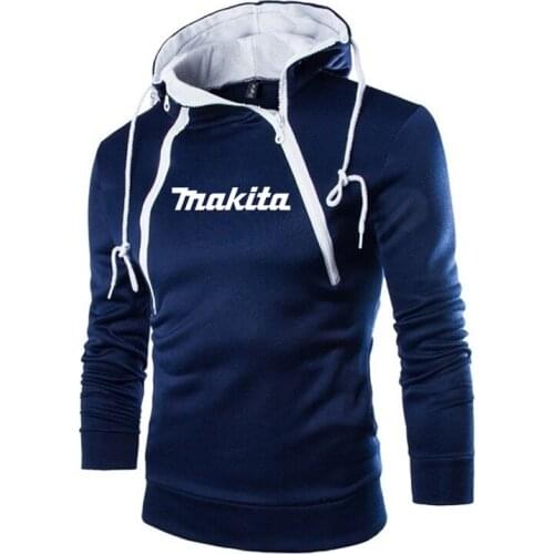 2021 Makita New Brand Mens England Style Spring & Autumn Slim Hooded Mens Fashion Warm Oblique Zip Casual Print Popular Tops