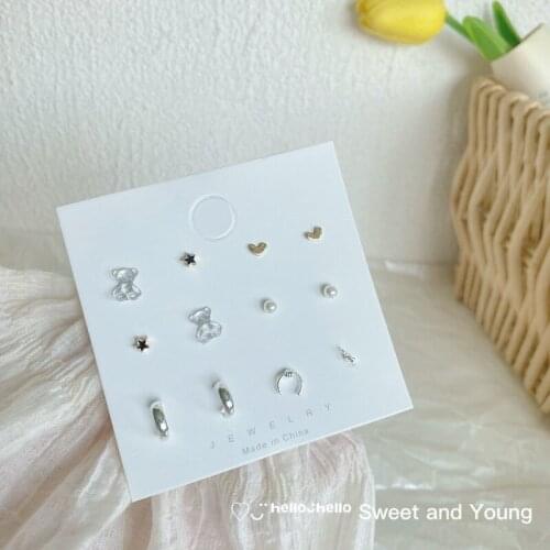 S925 New Girl Summer Bear Geometric C-Shaped Earrings Set Fashion Simple And Cute Earrings Female Trend