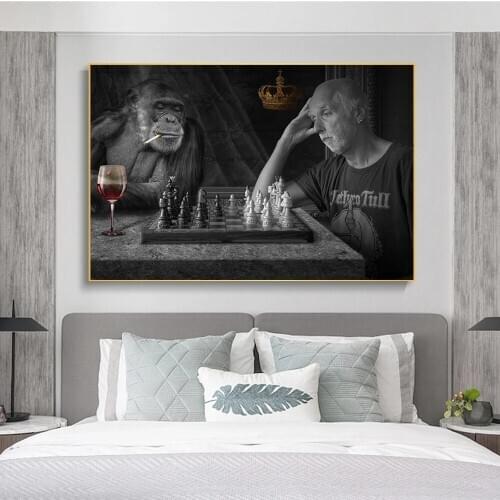 Monkey Playing Chess Creative Art Paintings Print on Canvas Art Posters and Prints Black And White Animals Art Pictures Cuadros