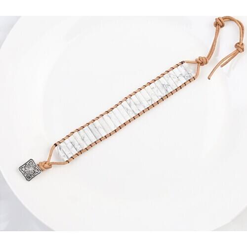 Wholesale Natural Stone Handmade White Turquoises Bracelet Tube Beads Leather Wrap Bracelet Couples Chakra Bracelet Jewelry