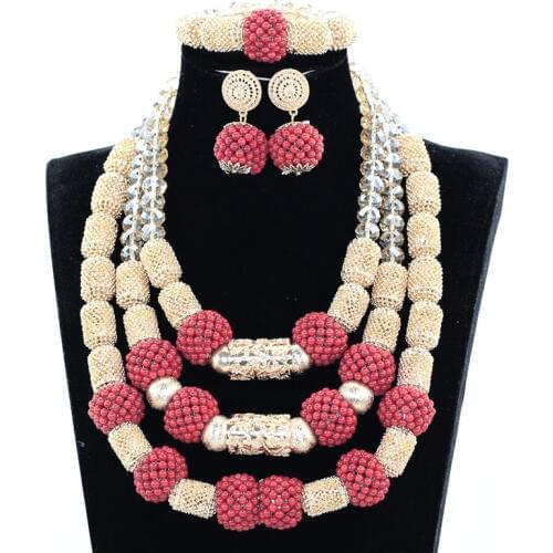 Original Wine Red Coral Bridal Beads Jewelry Set Dubai Gold Wedding African Nigerian Jewelry Necklace Set Free Shipping WE123