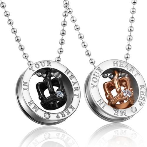 Keep Me in Your Heart King Queen Crown Pandent Necklace Stainless Steel Valentine Christmas Couples Gift Lovers' Necklace Set