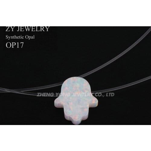 Hot Sale Color Play Good Fire Synthetic Fatima Hand OP17 White Hamsa Opal Pendant Necklace With Transparent Nylon Chain