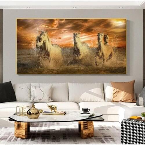 Running Horses on the Beach Wall Art Posters Animals Art Canvas Paintings On the Wall Decor Sunset Seascape Art Pictures Cuadros