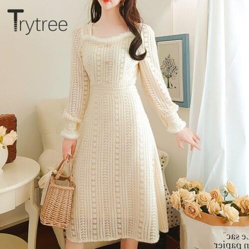 Trytree 2021 Spring Autumn Womens Dress Solid Plush Square Collar Buttons A-line Mid-Calf Thick Office Lady Elegant Lace Dress