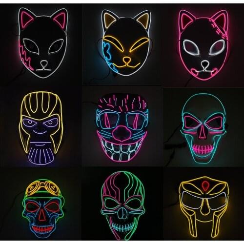 Luminous EL Wire Mask Cosplay Demon Slayer Cartoon Skull Anime Accessories LED Mask For Halloween Carnival