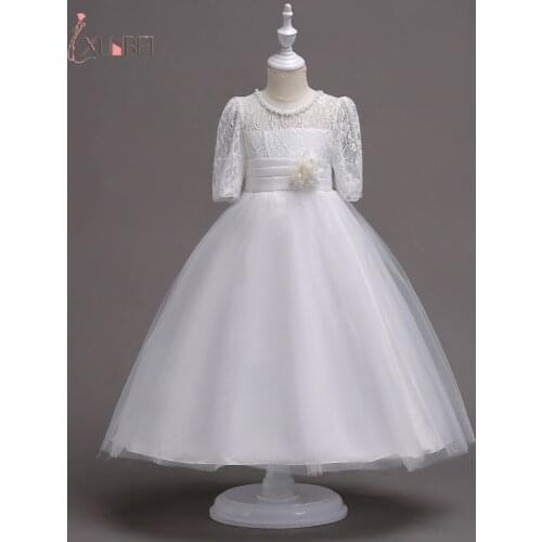 Xunbei 4-15 Years Kids Lace Flower Girls Dresses Girl Pearls Elegant Dresses With Flower Sash Tulle Princess Christmas Clothing