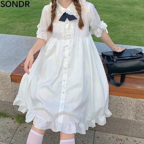 Japanese Soft Girl White Loose Dress Sweet Big Swing Single Breasted Shirt Short Sleeve Dresses Kawaii Cute Daily Lolita Dress