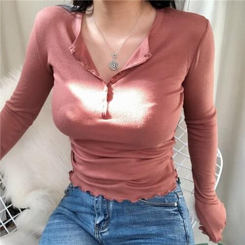 2021 Fashion T-shirt Women Top Long Sleeve Korean Sexy Button V-neck Tee shirts Femme Slim Elastic Skinny Basic Solid Tops