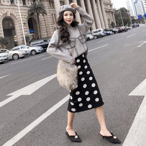 Polka Dot Knit Skirt Female Spring 2019 New High Waist Skirt Bag Hip Long Skirt Women