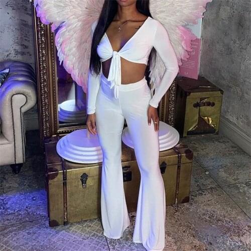 2021 Trend Womens Fashion Sexy Solid 2 Two-Piece Set Tight Lace Up Cardigan Top With High Waist Flare Trousers Pants Fall Suits