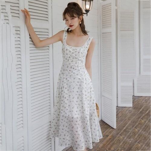 Women White Priting Mid-long Dress New Arrivals Square Collar Sleeveless Loose Fit Fashion Tide Summer 2021 Z371