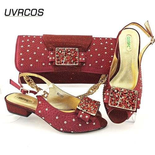 2021 Hot Selling Italian Design Nigerian Fashion Party Wedding Women Shoes and Bag Set Decorated With Rhinestone in Wine Color