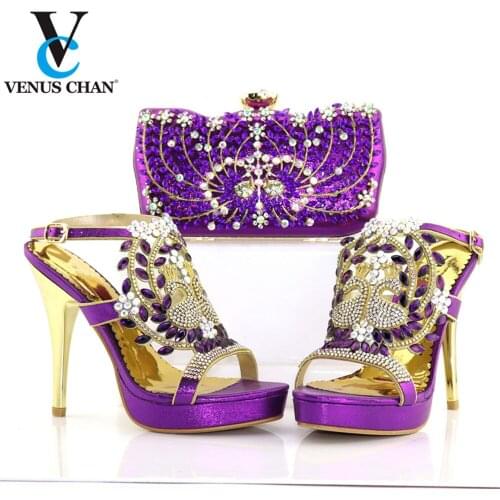 2022 Elegant Style New Coming Pretty Women Shoes and Bag Set in Purple Color High Quality with Shinning Crystal for Party