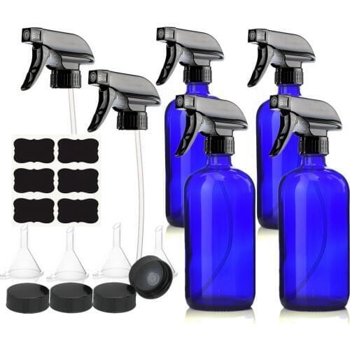 4 Pack 500ml Empty Blue Glass Spray Bottle with Trigger Sprayer Chalkboard Label Storage Cap for Essential Oil Homemade Cleaners