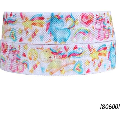 50 yards/lot) Flora Ribbons colorful little unicorn printed fold over elastic for kids hair ties