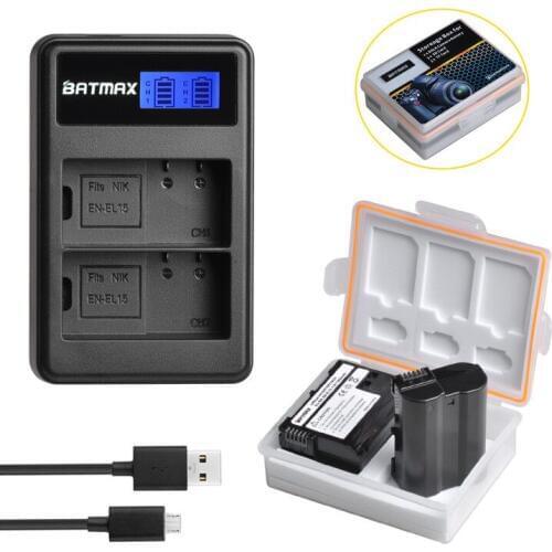 2Pcs EN-EL15 EN EL15 EL15A Batteries+LCD Dual USB Charger+Battery Storage Box for Nikon D600 D610 D600E D800 D800E D810 D7000