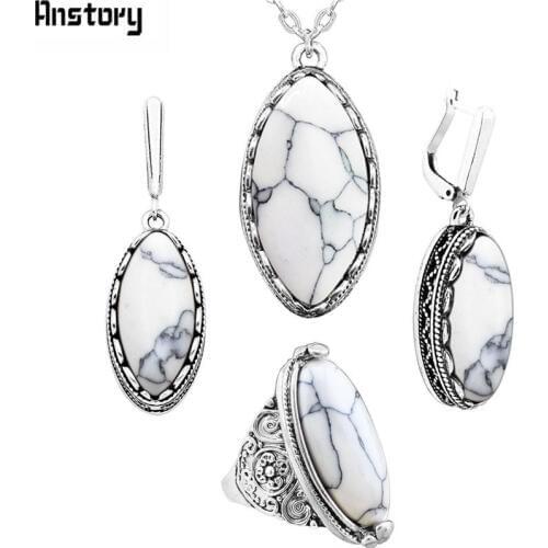 Anstory Eye Shape Stone Jewelry Sets 4 Colors Necklace Earrings Rings For Women Antique Silver Plated Stainless Steel Chain Gift