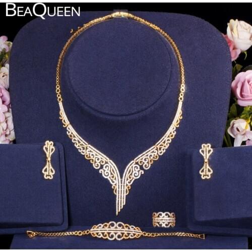 BeaQueen Luxury 585 Gold Color 4pcs Nigerian African Wedding Jewelry Sets Full Paved Cubic Zircon Women Statement Jewelry JS250