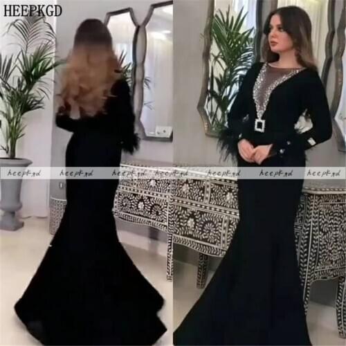 Long Sleeves Black Mermaid Saudi Arabic Evening Dress Sliver Crystal Floor Length Elegant Formal Dresses Plus Size Prom Gown