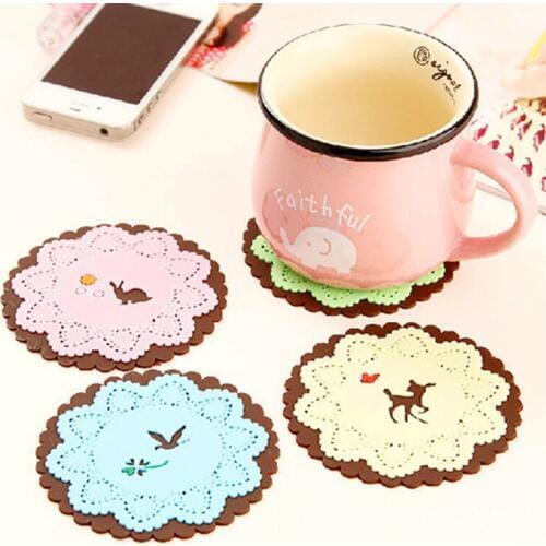 Colorful Cartoon Lace Flower Hollow Design Round Silicone Table Heat Resistant Mat Cup Coffee Coaster Cushion Placemat Pad KP031