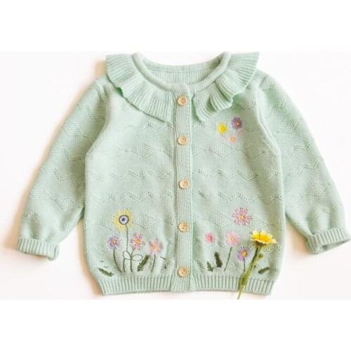 2021 Kids cardigan embroidered floral green colour sweet toddler baby girls knitted tops