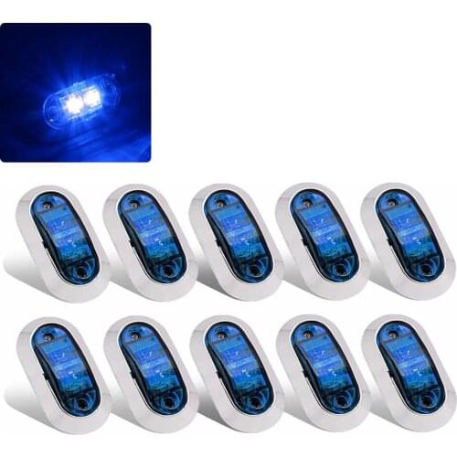 FEEDOPAL 10PCS Blue 2.5-Inch Oval Chrome-Plated Frame 2LED Side Marker Lamp 12V~24V Waterproof Signal Light For Truck Trailer