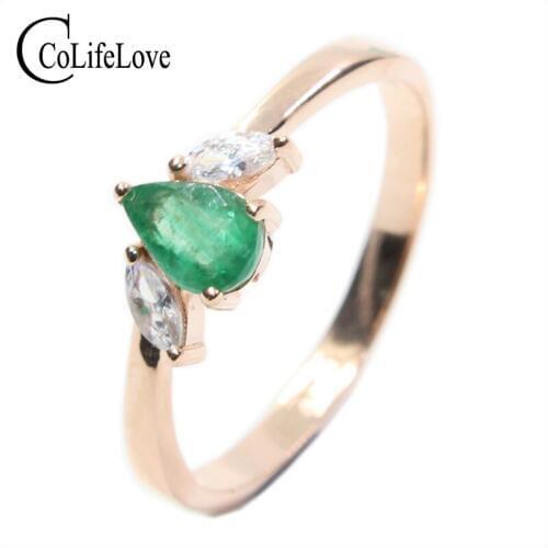 Fashion Emerald Silver Ring 4*6mm 0.35ct Pear Cut Natural SI Grade Emearld Silver Ring Solid 925 Sivler Emerald Ring for Wedding
