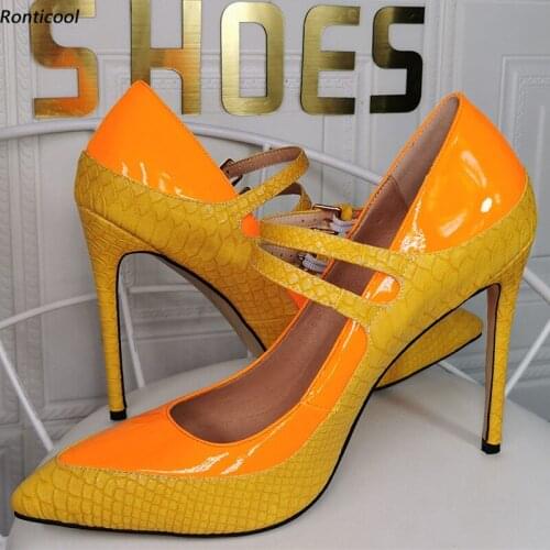 Ronticool New Fashion Handmade Women Spring Pumps Buckle Strap Stiletto Heel Pointed Toe Yellow Party Shoes US Plus Size 5-15