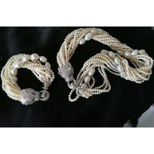 One set 10rows freshwater pearl white near round baroque zircon clasp necklace bracelet 18inch FPPJ wholesale beads nature