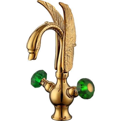 GOLD PVD single hole Double Green Crystal Knobs bathroom basin swan faucet mixer tap deck mounted New