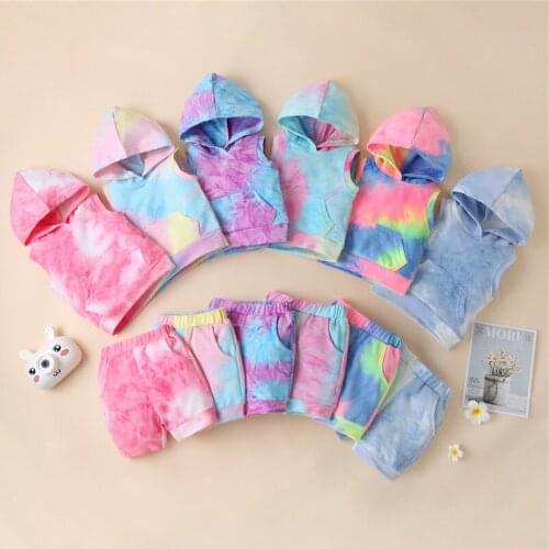 0-3Y Fashion Girls Summer Clothing Sets Toddler Kids Boys Girls Tie-Dye Print Sleeveless Hooded Tops+Pocket Shorts Tracksuits