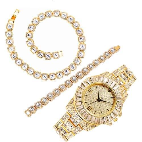 Necklace Watch Bracelet Hip Hop Iced Out Tennis Chain Bling Paved CZ for Men Women Iced Out Watch Set Gold Chain Jewelry Choker