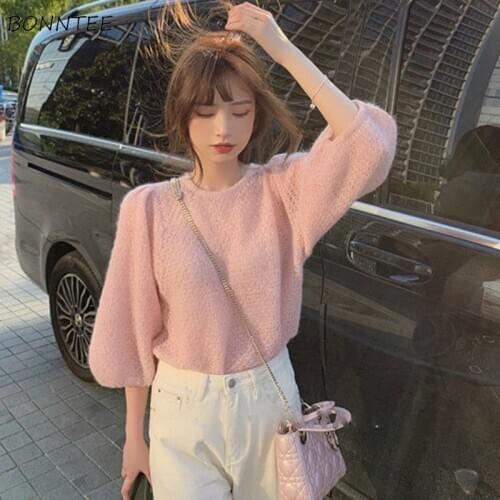 Pullovers Women O-neck Solid Knitting Thin Lantern Sleeve Loose Lazy Elegant Pink Chic Cute Soft Korean Style Sweater Females