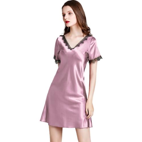 Silk Womens Nightgown Lace Mini Night Dress Short Sleeve Sleepwear Satin Lingerie Dress Ren Sexy V-neck Plus Size Women Clothing