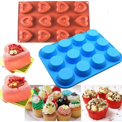 12 Cavity Silicone Cake Mold Round Heart 2 Shape Muffin Dessert Cookies Chocolate Mould Baking Pastry Cake Decorating Tools