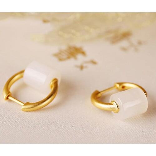 Ancient Natural Hetian Jade Jue Suet Womens as Right as Rain Cylindrical High-Grade Frosted Gold Earrings Eardrop Earring