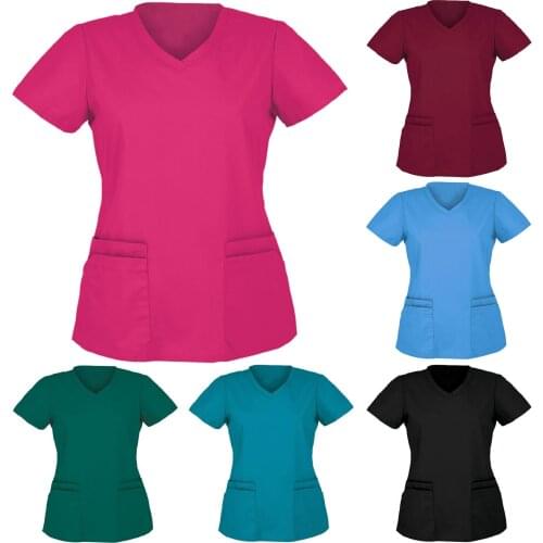 Working Nurse Uniform Tops Blouse Solid Color T Shirt Scrubs Short Sleeve Pocket V Neck 2021 Fashion Nursing Clothes for Women
