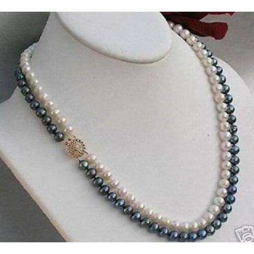 Fast 2 rows 8mm black + white Akoya SOUTH SEA pearl necklace 18" AAA