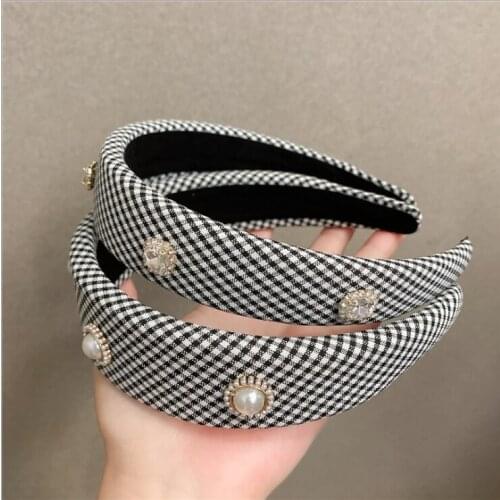 Women Sponge plaid retro new headbands autumn and winter pearl rhinestone hairbands hair accessories
