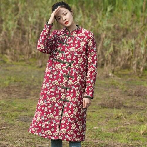 Women Loose Long Printed Floral Padded Coat Parkas Ladies VIntage Winter Overcoat Outerwear Female 2019 National Style Topcoat