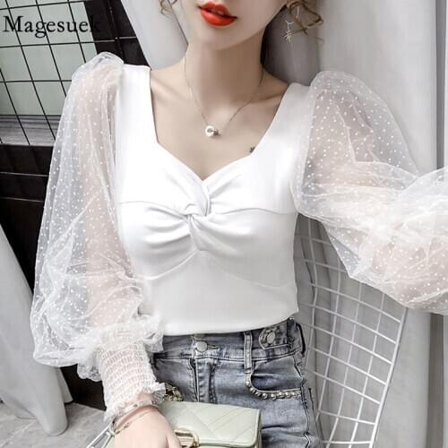 Vintage Polka Dot Blouse Women New Autumn Square Collar White Shirt Ladies Mesh Lace Splicing Long Puff Sleeve Sexy Top 12075