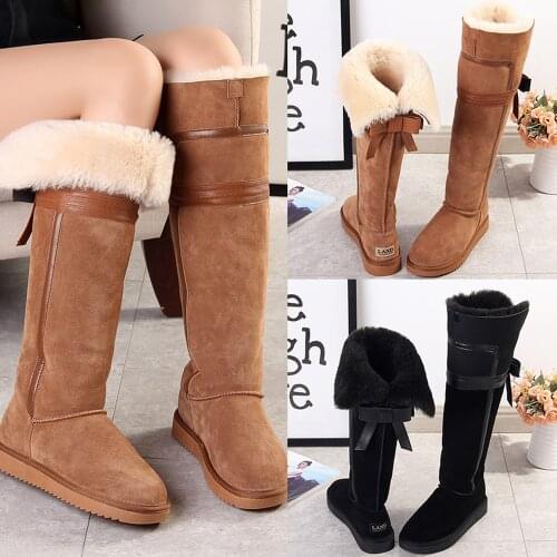 OLOMLB Womens Winter Snow Warm 100% Lambswool Fur Lining FurTrim Suede Leather Knee High Boots Bowknot Thicken Shoes Long