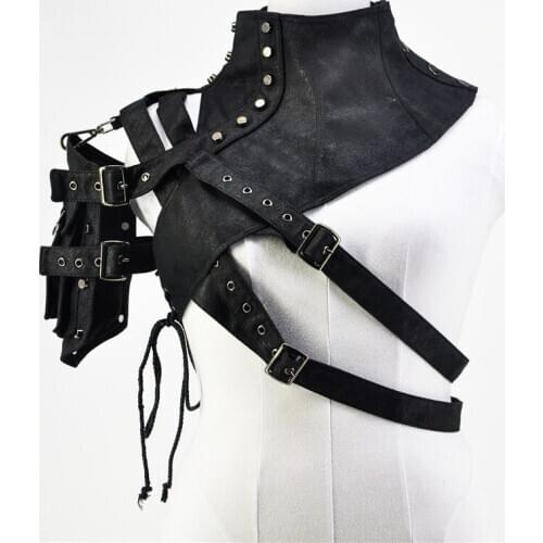 Victorian Punk Gothic Bolero Women Steampunk Black Leather Rivet Arm Armor Stand Collar Jackets Gothic Corset Accessories