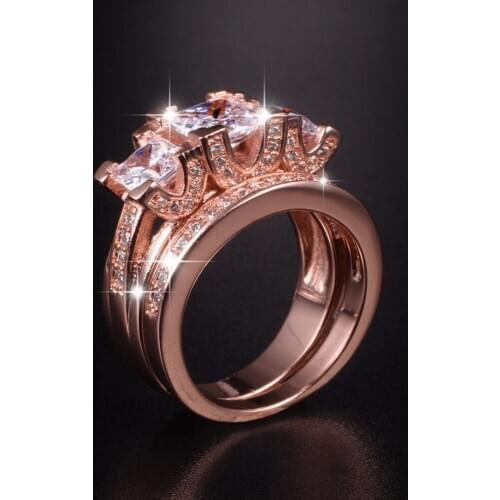 Ladys 925 Silver & 18K rose gold Plated Square Simulated Diamond Paved Three-stone Wedding Band Ring Sets Jewelry for Women