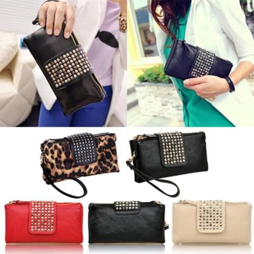 Women Rivet Zipper Wallet Holder Card Coin Clutch Purse Wristlet Evening Bag Card Slots, Bill Pockets, Phone Pocket Wallets hot