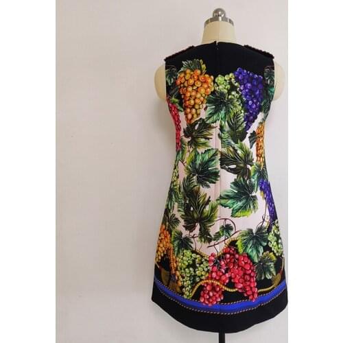 Women 2021 Summer Runway Fashion Sleeveless Tank Mini Luxury Beading Diamonds Grape Print A-Line Dress