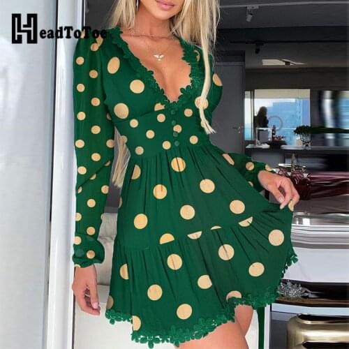 Polka Dot Print Lace Trim Ruched Dress Women Sexy Plunge Long Sleeve Flared Mini Dress